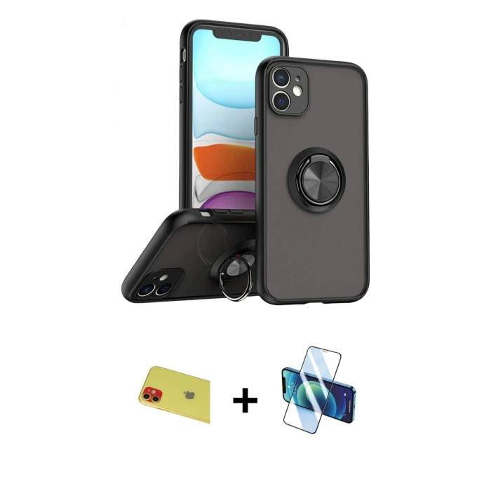 MARSİLYAN™- iPhone 11 Kılıf Yörünge Çizgi - Siyah 3D Antistatik Cam Ekran Koruyucu + Rainbow Kamera Lens Koruma Cam - KI