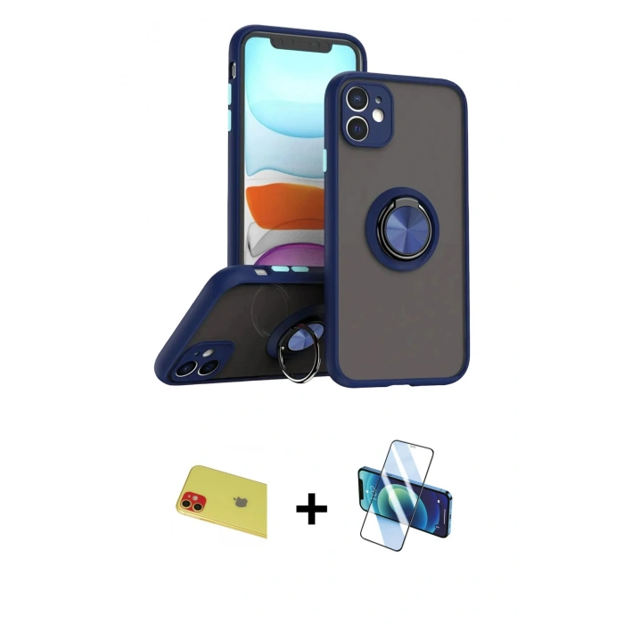 MARSİLYAN™- iPhone 11 Kılıf Yörünge Çizgi - Siyah 3D Antistatik Cam Ekran Koruyucu + Rainbow Kamera Lens Koruma Cam - KI