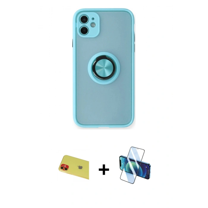 MARSİLYAN™- iPhone 11 Kılıf Yörünge Çizgi - Siyah 3D Antistatik Cam Ekran Koruyucu + Rainbow Kamera Lens Koruma Cam - KI