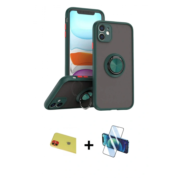 MARSİLYAN™- iPhone 11 Kılıf Yörünge Çizgi - Siyah 3D Antistatik Cam Ekran Koruyucu + Rainbow Kamera Lens Koruma Cam - KI