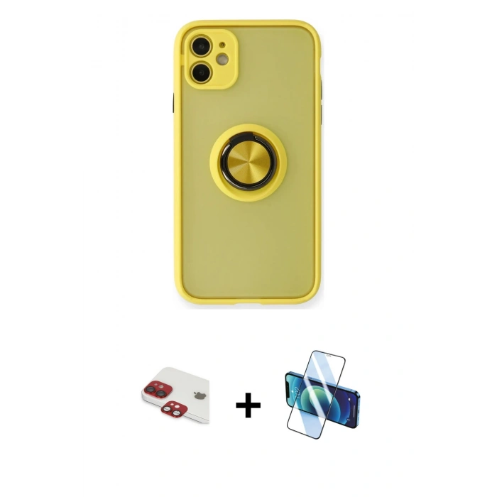 MARSİLYAN™- iPhone 11 Kılıf Yörünge Çizgi - Siyah 3D Antistatik Cam Ekran Koruyucu + Pers Alüminyum Kamera Lens - KI