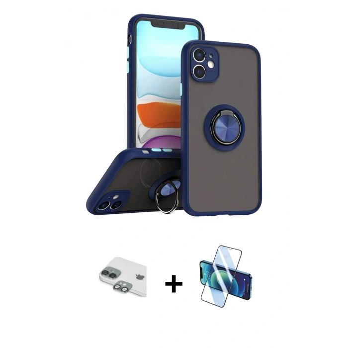 MARSİLYAN™- iPhone 11 Kılıf Yörünge Çizgi - Siyah 3D Antistatik Cam Ekran Koruyucu + Pers Alüminyum Kamera Lens - YL