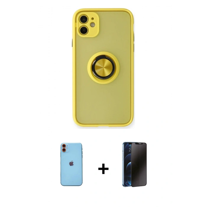 MARSİLYAN™- iPhone 11 Kılıf Yörünge Çizgi - Siyah 3D Antistatik Hayalet Cam Ekran Koruyucu + Neon Fosforlu Kamera Lens - TU