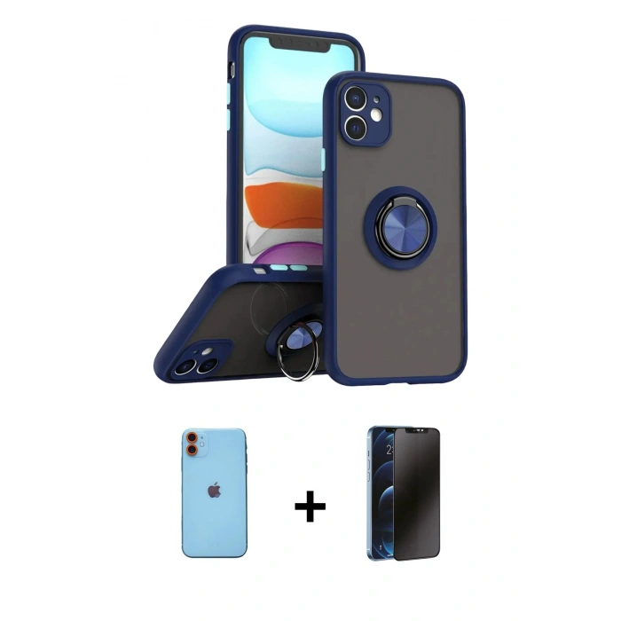 MARSİLYAN™- iPhone 11 Kılıf Yörünge Çizgi - Siyah 3D Antistatik Hayalet Cam Ekran Koruyucu + Neon Fosforlu Kamera Lens - TU