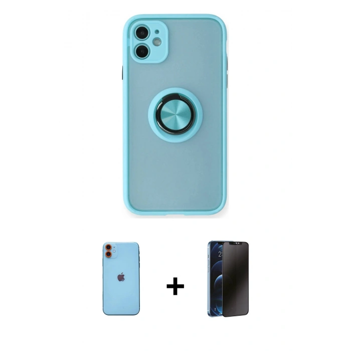 MARSİLYAN™- iPhone 11 Kılıf Yörünge Çizgi - Siyah 3D Antistatik Hayalet Cam Ekran Koruyucu + Neon Fosforlu Kamera Lens - TU