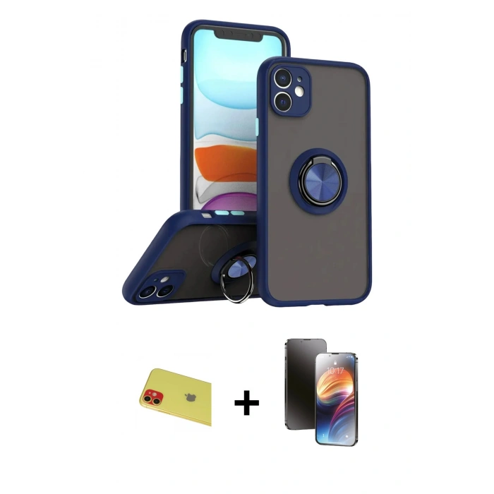 MARSİLYAN™- iPhone 11 Kılıf Yörünge Çizgi - Siyah 3D Antistatik Mat Seramik Nano Ekran Koruyucu + Rainbow Kamera Lens Koruma Cam - KI