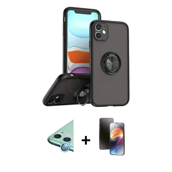 MARSİLYAN™- iPhone 11 Kılıf Yörünge Çizgi - Siyah 3D Antistatik Mat Seramik Nano Ekran Koruyucu + Raze Metal Kamera Lens - MI