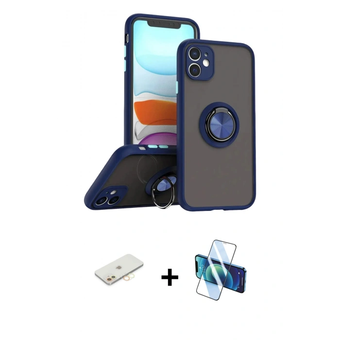 MARSİLYAN™- iPhone 11 Kılıf Yörünge Çizgi - Siyah 3D Antistatik Seramik Nano Ekran Koruyucu + Renkli Kamera Lens Koruma Cam - SI