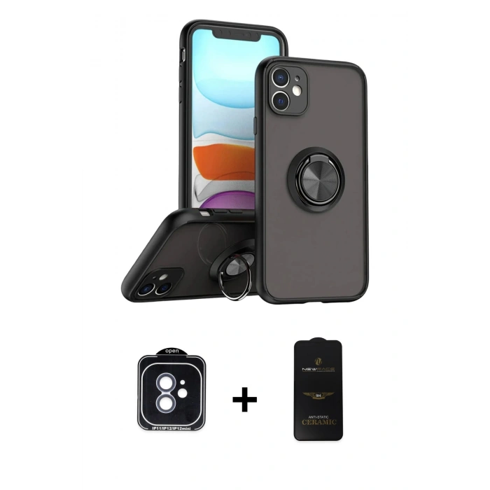 MARSİLYAN™- iPhone 11 Kılıf Yörünge Çizgi - Siyah 6D Antistatik Mat Seramik Hayalet Nano Ekran Koruyucu + PVD Metal Kamera Lens - MI
