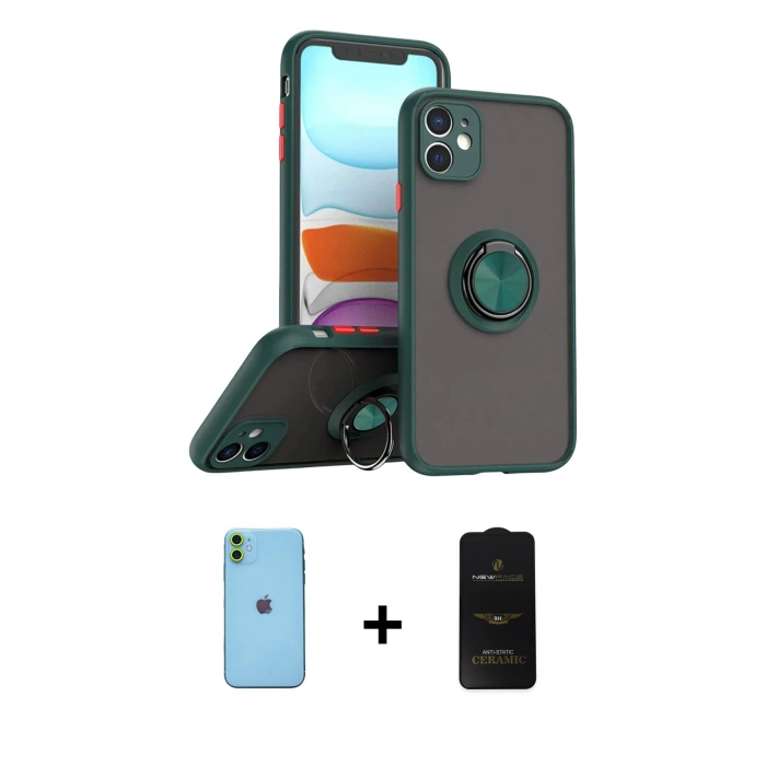 MARSİLYAN™- iPhone 11 Kılıf Yörünge Çizgi - Siyah 6D Antistatik Mat Seramik Hayalet Nano Ekran Koruyucu + Neon Fosforlu Kamera Lens - YL
