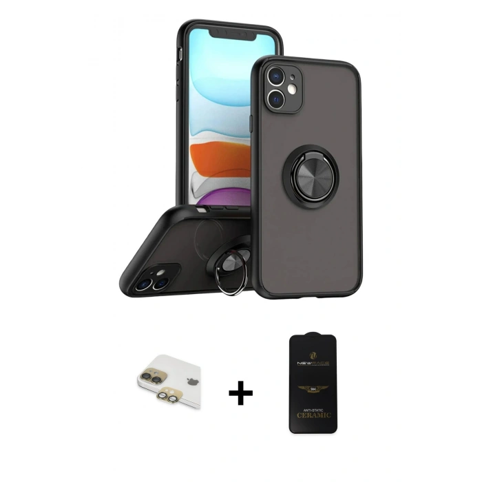 MARSİLYAN™- iPhone 11 Kılıf Yörünge Çizgi - Siyah 6D Antistatik Mat Seramik Hayalet Nano Ekran Koruyucu + Pers Alüminyum Kamera Lens - GD