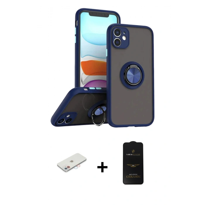 MARSİLYAN™- iPhone 11 Kılıf Yörünge Çizgi - Siyah 6D Antistatik Mat Seramik Hayalet Nano Ekran Koruyucu + Renkli Kamera Lens Koruma Cam - PE