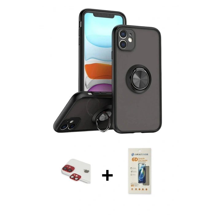 MARSİLYAN™- iPhone 11 Kılıf Yörünge Çizgi - Siyah 6D Mat Seramik Hayalet Nano Ekran Koruyucu + Pers Alüminyum Kamera Lens - KI