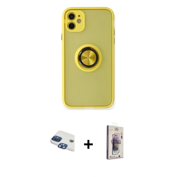 MARSİLYAN™- iPhone 11 Kılıf Yörünge Çizgi - Siyah Bilvis 3D Cam Ekran Koruyucu + Pers Alüminyum Kamera Lens - LT