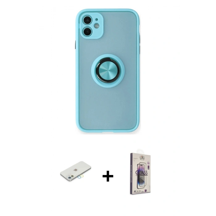 MARSİLYAN™- iPhone 11 Kılıf Yörünge Çizgi - Siyah Bilvis 3D Cam Ekran Koruyucu + Renkli Kamera Lens Koruma Cam - SI