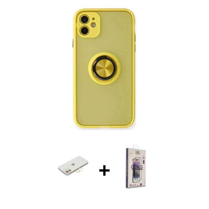 MARSİLYAN™- iPhone 11 Kılıf Yörünge Çizgi - Siyah Bilvis 3D Cam Ekran Koruyucu + Renkli Kamera Lens Koruma Cam - SI