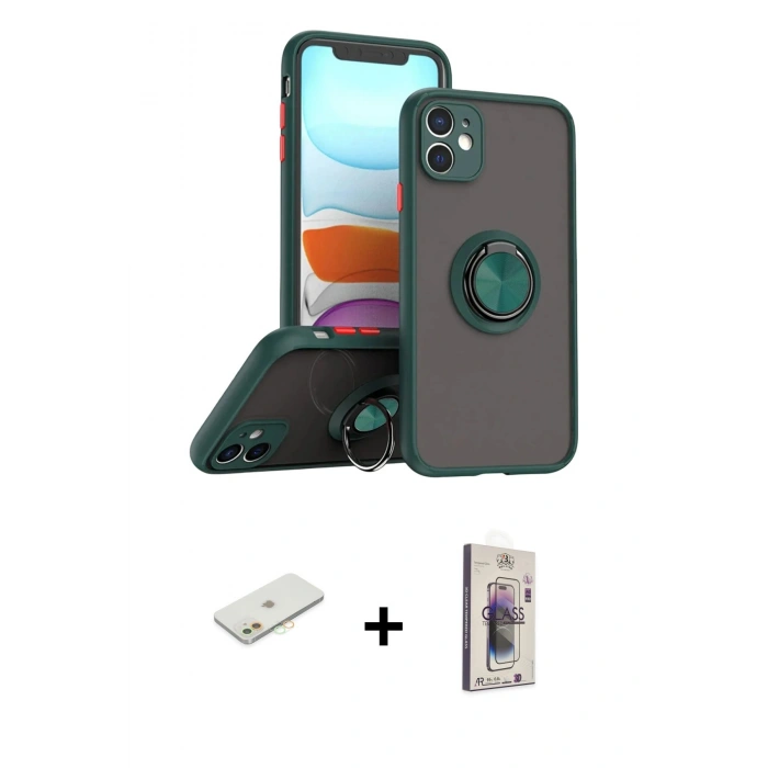 MARSİLYAN™- iPhone 11 Kılıf Yörünge Çizgi - Siyah Bilvis 3D Cam Ekran Koruyucu + Renkli Kamera Lens Koruma Cam - TU