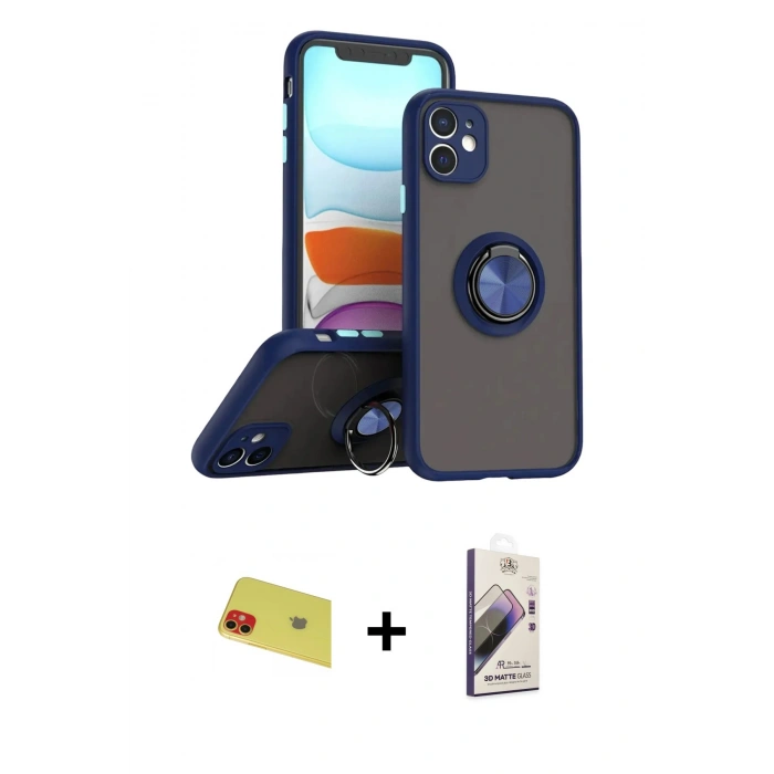 MARSİLYAN™- iPhone 11 Kılıf Yörünge Çizgi - Siyah Bilvis 3D Mat Cam Ekran Koruyucu + Rainbow Kamera Lens Koruma Cam - KI
