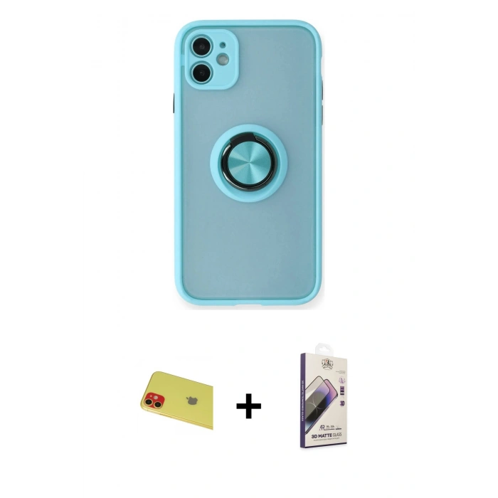 MARSİLYAN™- iPhone 11 Kılıf Yörünge Çizgi - Siyah Bilvis 3D Mat Cam Ekran Koruyucu + Rainbow Kamera Lens Koruma Cam - KI