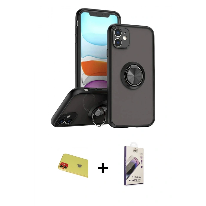 MARSİLYAN™- iPhone 11 Kılıf Yörünge Çizgi - Siyah Bilvis 3D Mat Cam Ekran Koruyucu + Rainbow Kamera Lens Koruma Cam - KI
