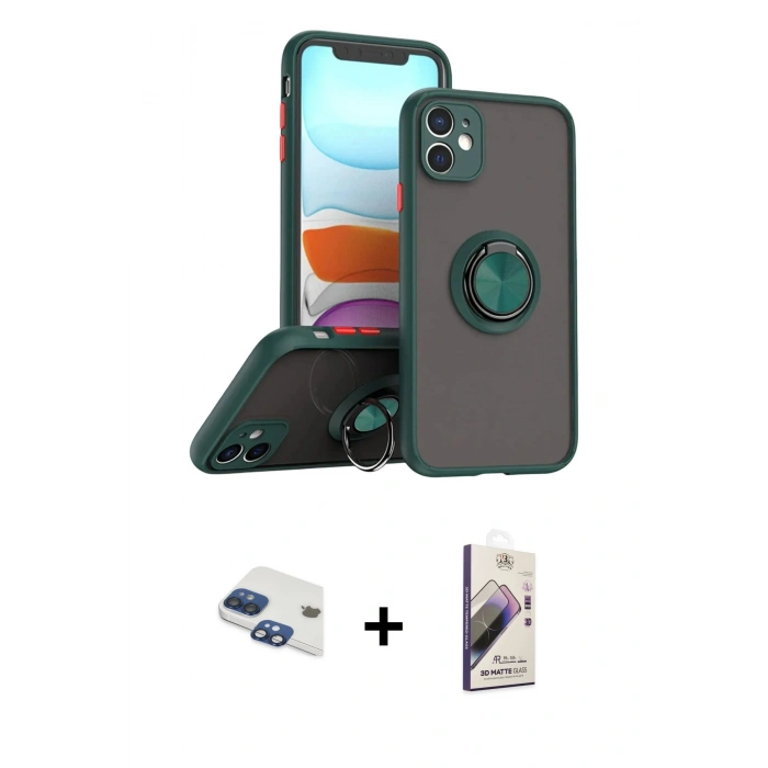 MARSİLYAN™- iPhone 11 Kılıf Yörünge Çizgi - Siyah Bilvis 3D Mat Cam Ekran Koruyucu + Pers Alüminyum Kamera Lens - LT