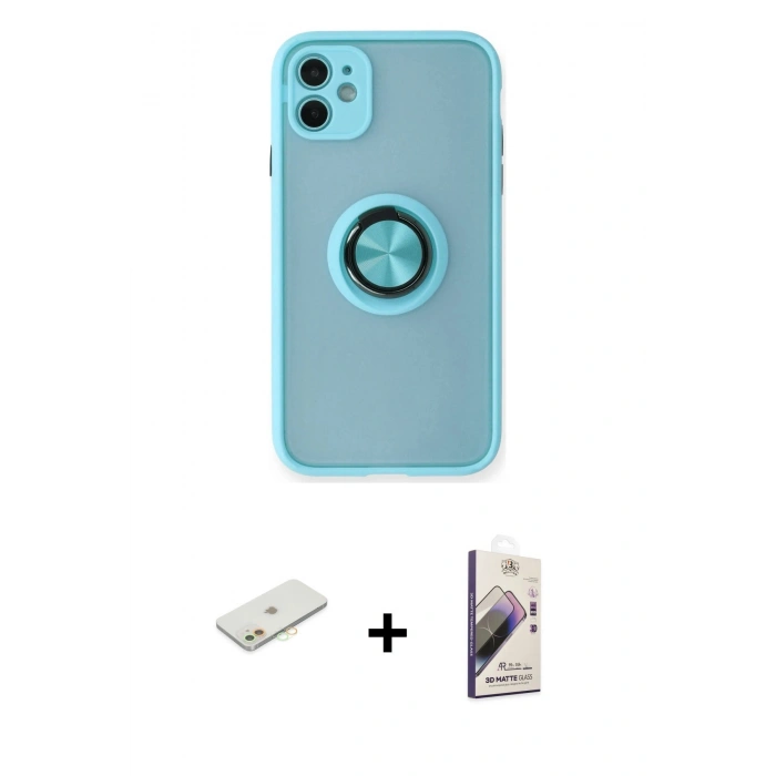 MARSİLYAN™- iPhone 11 Kılıf Yörünge Çizgi - Siyah Bilvis 3D Mat Cam Ekran Koruyucu + Renkli Kamera Lens Koruma Cam - TU
