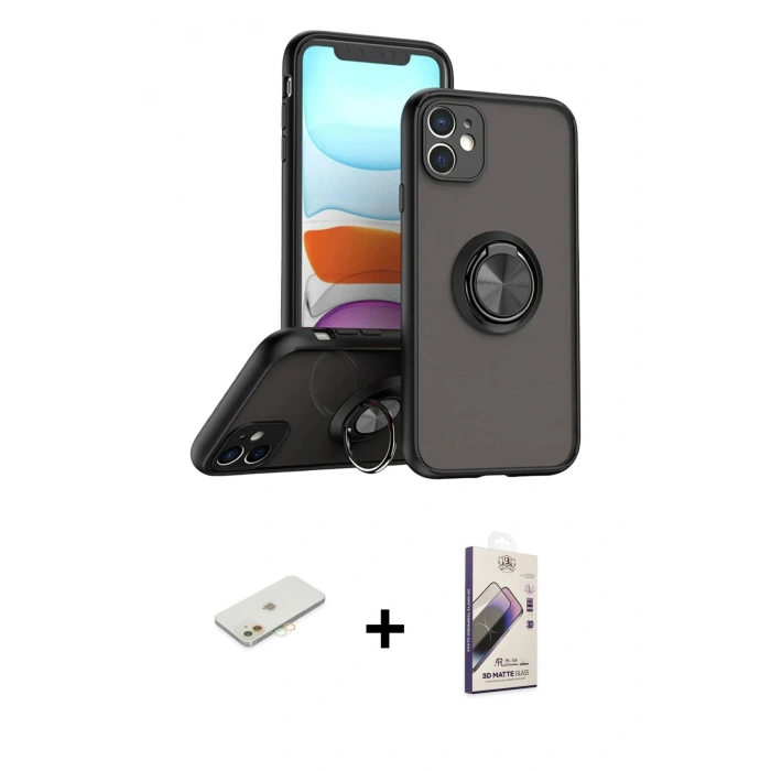 MARSİLYAN™- iPhone 11 Kılıf Yörünge Çizgi - Siyah Bilvis 3D Mat Cam Ekran Koruyucu + Renkli Kamera Lens Koruma Cam - TU