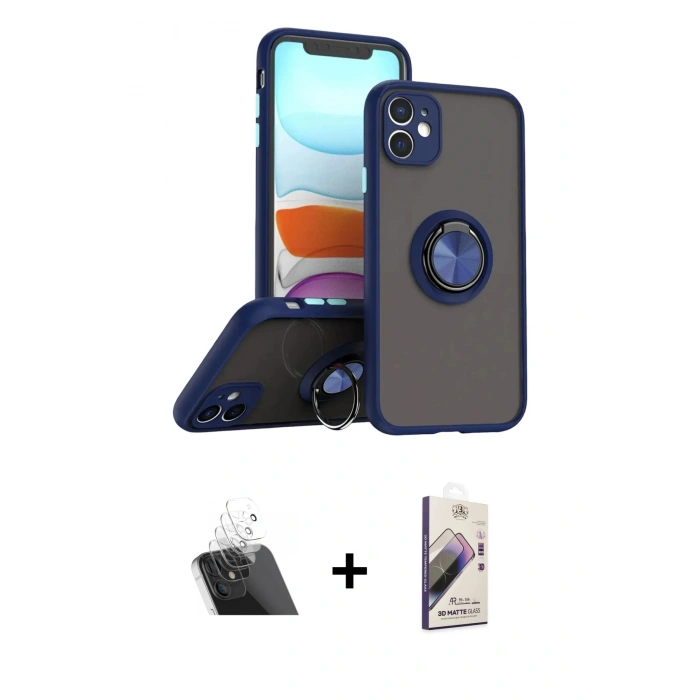 MARSİLYAN™- iPhone 11 Kılıf Yörünge Çizgi - Siyah Bilvis 3D Mat Cam Ekran Koruyucu + Kamera Lens Koruma Cam - SF