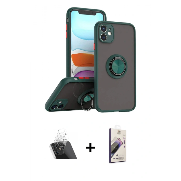 MARSİLYAN™- iPhone 11 Kılıf Yörünge Çizgi - Siyah Bilvis 3D Mat Cam Ekran Koruyucu + Kamera Lens Koruma Cam - SF