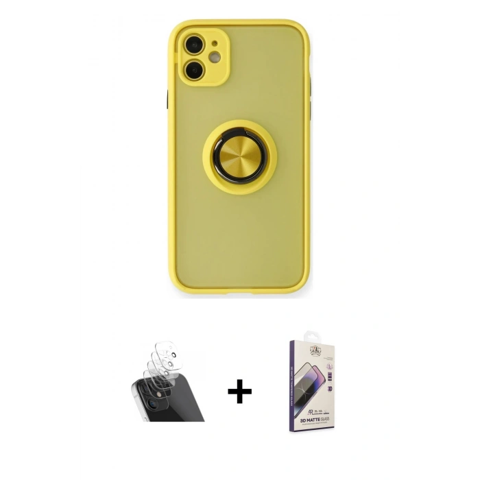 MARSİLYAN™- iPhone 11 Kılıf Yörünge Çizgi - Siyah Bilvis 3D Mat Cam Ekran Koruyucu + Kamera Lens Koruma Cam - SF