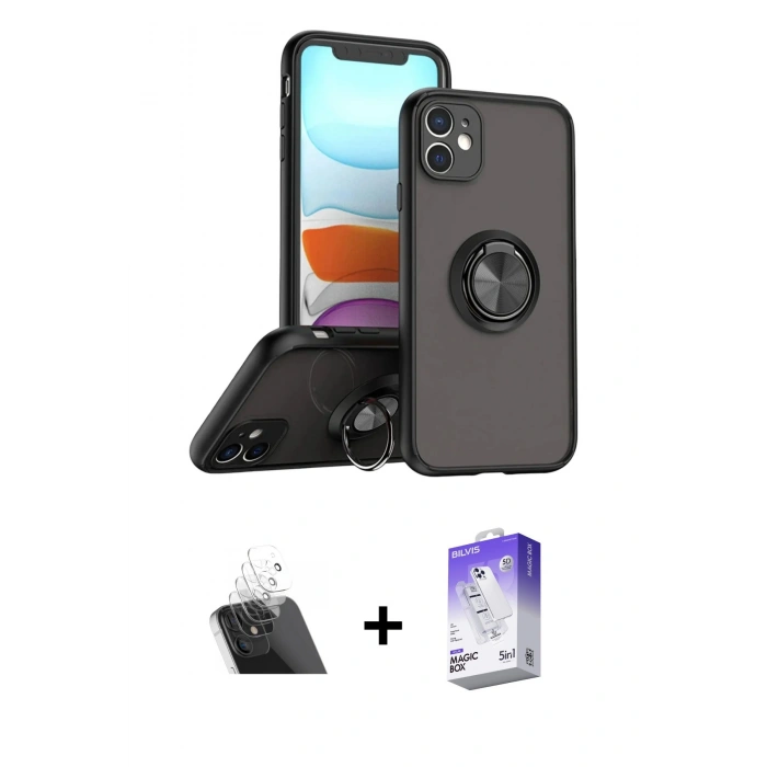 MARSİLYAN™- iPhone 11 Kılıf Yörünge Çizgi - Siyah Bilvis 5in1 3D Magic Cam Ekran Koruyucu + Kamera Lens Koruma Cam - SF