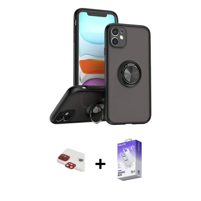 MARSİLYAN™- iPhone 11 Kılıf Yörünge Çizgi - Siyah Bilvis 5in1 3D Magic Cam Ekran Koruyucu + Pers Alüminyum Kamera Lens - KI