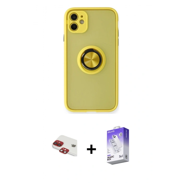 MARSİLYAN™- iPhone 11 Kılıf Yörünge Çizgi - Siyah Bilvis 5in1 3D Magic Cam Ekran Koruyucu + Pers Alüminyum Kamera Lens - KI