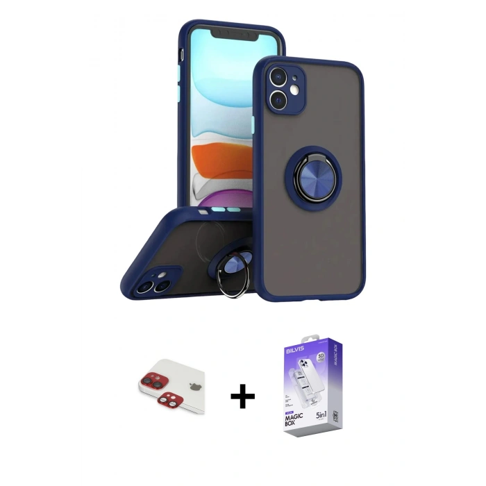 MARSİLYAN™- iPhone 11 Kılıf Yörünge Çizgi - Siyah Bilvis 5in1 3D Magic Cam Ekran Koruyucu + Pers Alüminyum Kamera Lens - KI