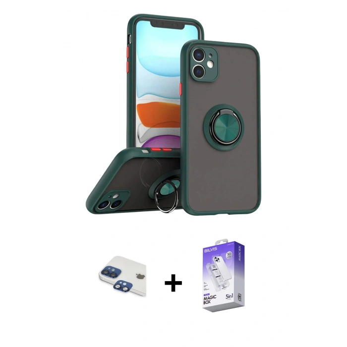 MARSİLYAN™- iPhone 11 Kılıf Yörünge Çizgi - Siyah Bilvis 5in1 3D Magic Cam Ekran Koruyucu + Pers Alüminyum Kamera Lens - LT