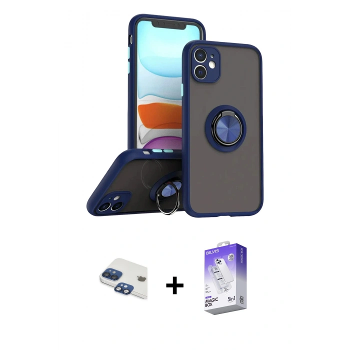 MARSİLYAN™- iPhone 11 Kılıf Yörünge Çizgi - Siyah Bilvis 5in1 3D Magic Cam Ekran Koruyucu + Pers Alüminyum Kamera Lens - LT