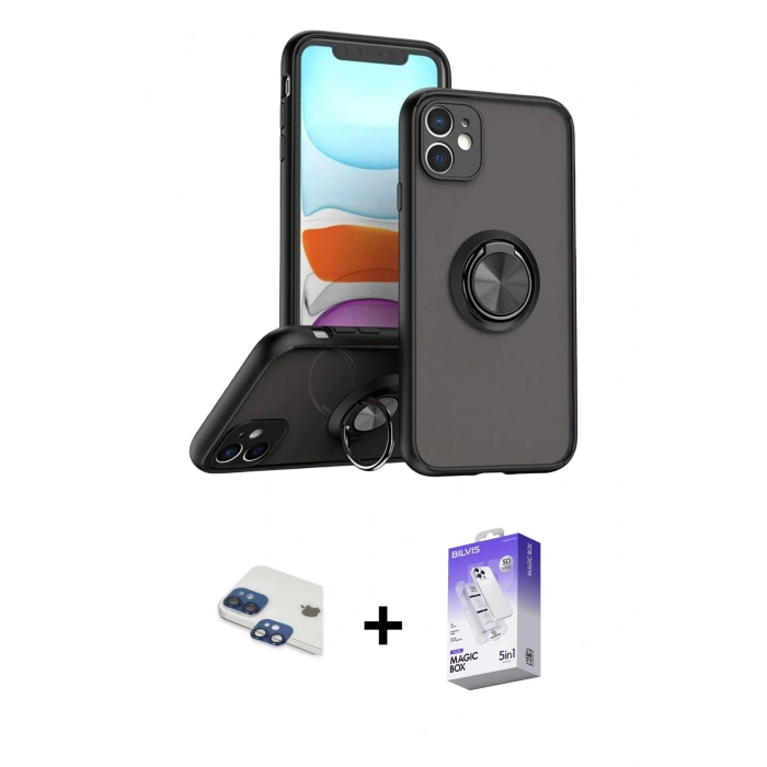 MARSİLYAN™- iPhone 11 Kılıf Yörünge Çizgi - Siyah Bilvis 5in1 3D Magic Cam Ekran Koruyucu + Pers Alüminyum Kamera Lens - LT