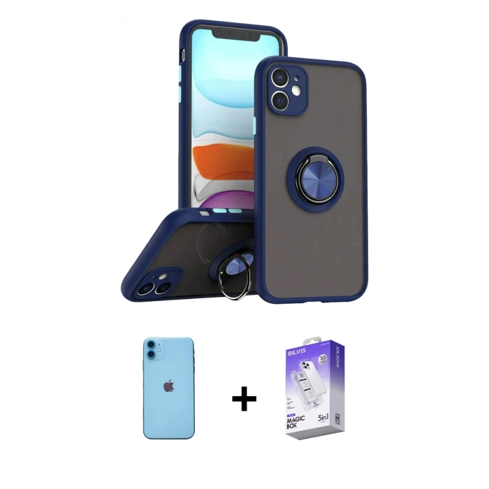 MARSİLYAN™- iPhone 11 Kılıf Yörünge Çizgi - Siyah Bilvis 5in1 3D Magic Cam Ekran Koruyucu + Neon Fosforlu Kamera Lens - MI