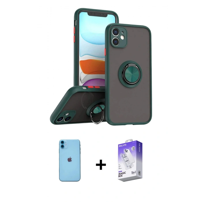 MARSİLYAN™- iPhone 11 Kılıf Yörünge Çizgi - Siyah Bilvis 5in1 3D Magic Cam Ekran Koruyucu + Neon Fosforlu Kamera Lens - MI