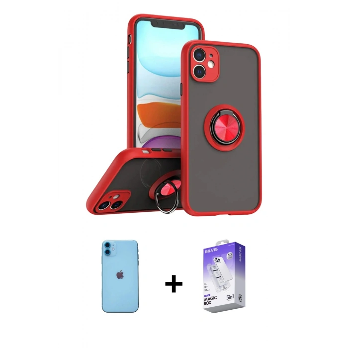 MARSİLYAN™- iPhone 11 Kılıf Yörünge Çizgi - Siyah Bilvis 5in1 3D Magic Cam Ekran Koruyucu + Neon Fosforlu Kamera Lens - MI