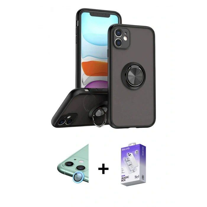 MARSİLYAN™- iPhone 11 Kılıf Yörünge Çizgi - Siyah Bilvis 5in1 3D Magic Cam Ekran Koruyucu + Raze Metal Kamera Lens - MI