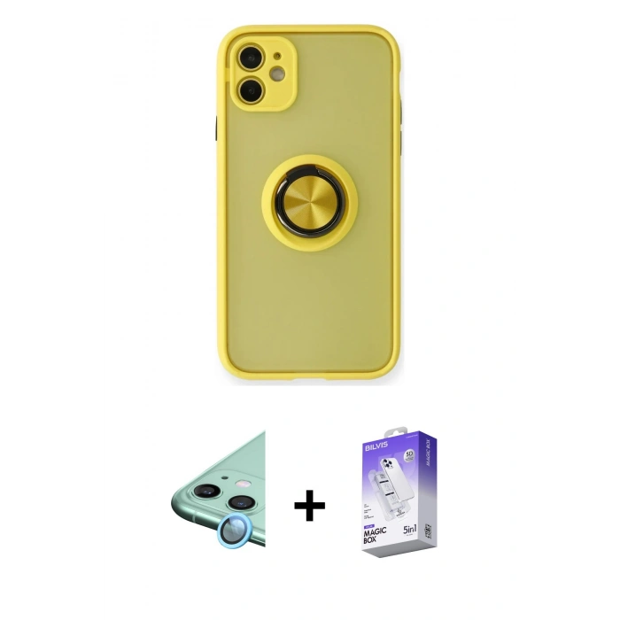 MARSİLYAN™- iPhone 11 Kılıf Yörünge Çizgi - Siyah Bilvis 5in1 3D Magic Cam Ekran Koruyucu + Raze Metal Kamera Lens - MI