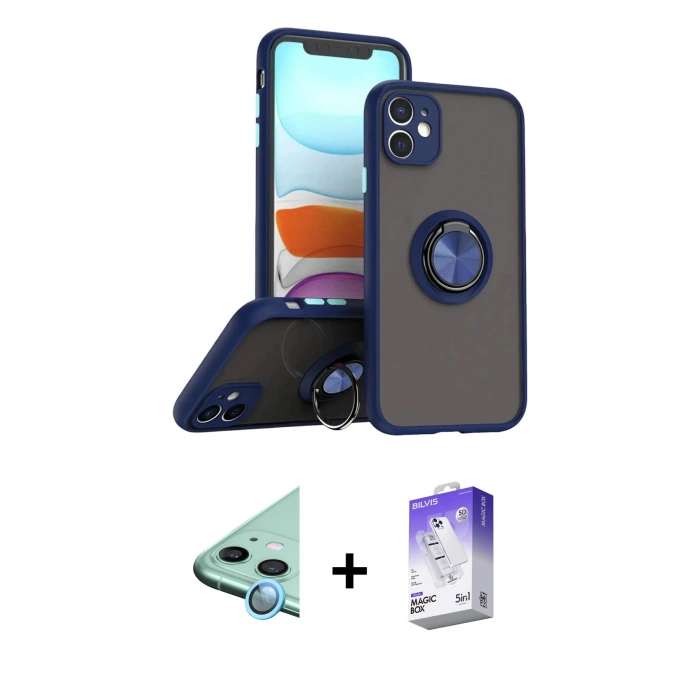 MARSİLYAN™- iPhone 11 Kılıf Yörünge Çizgi - Siyah Bilvis 5in1 3D Magic Cam Ekran Koruyucu + Raze Metal Kamera Lens - MI