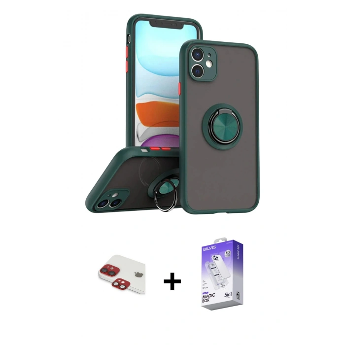 MARSİLYAN™- iPhone 11 Kılıf Yörünge Çizgi - Siyah Bilvis 5in1 3D Magic Cam Ekran Koruyucu + Pers Alüminyum Kamera Lens - KI