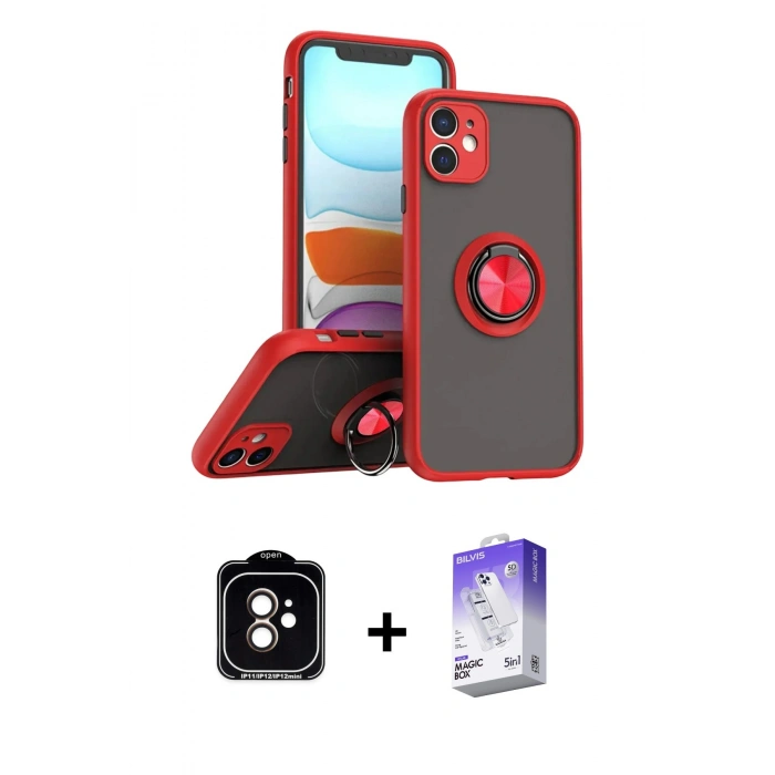 MARSİLYAN™- iPhone 11 Kılıf Yörünge Çizgi - Siyah Bilvis 5in1 3D Magic Cam Ekran Koruyucu + PVD Metal Kamera Lens - TU