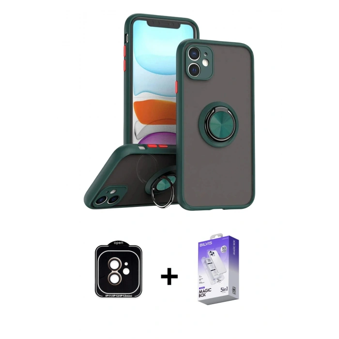 MARSİLYAN™- iPhone 11 Kılıf Yörünge Çizgi - Siyah Bilvis 5in1 3D Magic Cam Ekran Koruyucu + PVD Metal Kamera Lens - TU