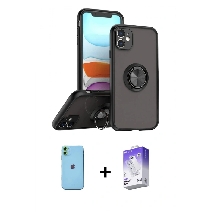 MARSİLYAN™- iPhone 11 Kılıf Yörünge Çizgi - Siyah Bilvis 5in1 3D Magic Cam Ekran Koruyucu + Neon Fosforlu Kamera Lens - YL
