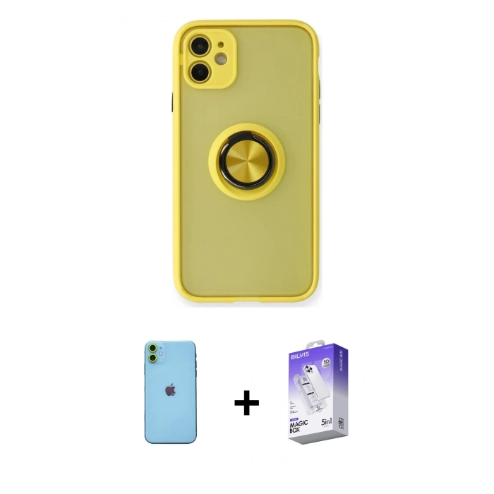 MARSİLYAN™- iPhone 11 Kılıf Yörünge Çizgi - Siyah Bilvis 5in1 3D Magic Cam Ekran Koruyucu + Neon Fosforlu Kamera Lens - YL