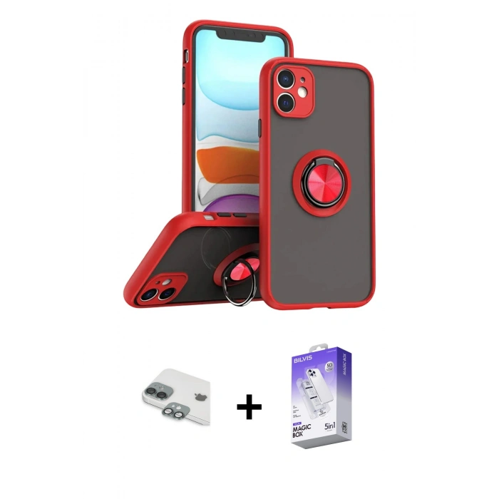 MARSİLYAN™- iPhone 11 Kılıf Yörünge Çizgi - Siyah Bilvis 5in1 3D Magic Cam Ekran Koruyucu + Pers Alüminyum Kamera Lens - YL