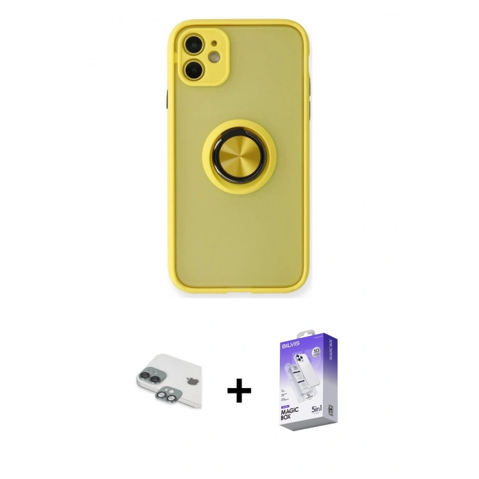 MARSİLYAN™- iPhone 11 Kılıf Yörünge Çizgi - Siyah Bilvis 5in1 3D Magic Cam Ekran Koruyucu + Pers Alüminyum Kamera Lens - YL